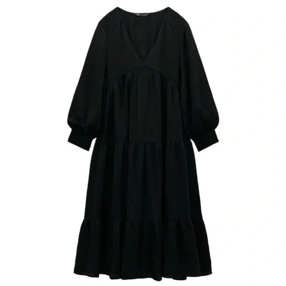 Zara Women Textured Midi Tiered Dress Sz L Black V Neck Boho Relaxed Vacation - Picture 2 of 9